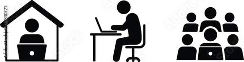 Remote work and office collaboration concept, people working from home, office desk, and team meeting illustration, business productivity vector design