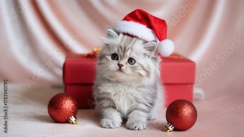 Christmas. Adorable fluffy kitten wearing a festive Santa hat sits beside shiny red Christmas ornaments and a beautifully wrapped gift box, embodying the joyful spirit of the holiday season