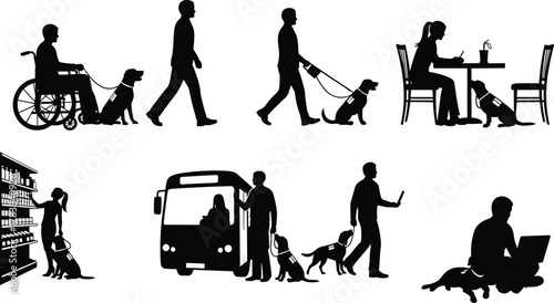 Guide dog silhouettes, disability support, wheelchair assistance, visual impairment aid, daily activity help, black figures, independence, inclusion, care, mobility