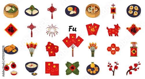 A comprehensive vector set illustrating traditional Chinese New Year elements, including festive foods, lucky red envelopes, and auspicious decorations.
