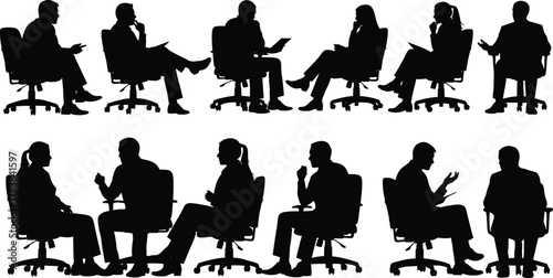 Office chair silhouettes, seated pairs, business meeting, interview posture, black figures, workplace interaction, ergonomic setup, discussion gesture, teamwork, communication