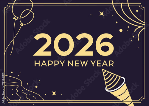 Luxury Golden 2026 Happy New Year Typography Vector Art with Gold Ribbon Confetti on Black Background