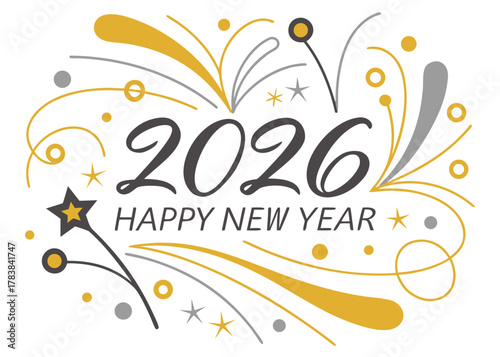 Luxury Golden 2026 Happy New Year Typography Vector Art with Gold Ribbon Confetti on Black Background