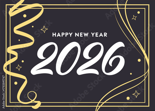 Luxury Golden 2026 Happy New Year Typography Vector Art with Gold Ribbon Confetti on Black Background