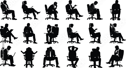 Office chair silhouettes, seated posture, laptop users, thinking gesture, black figures, ergonomic setup, workplace behavior, reading pose, desk activity, body language