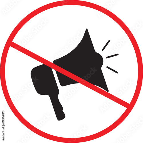 No talking or loud noise icon, silence forbidden sign, vector