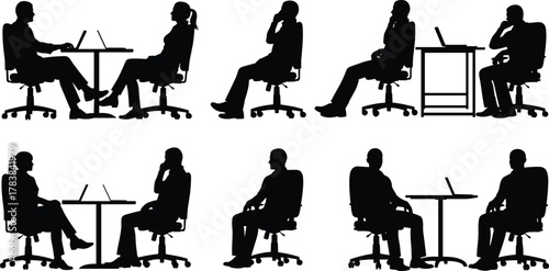 Office silhouettes, seated workers, phone calls, laptop users, meeting posture, black figures, workplace behavior, ergonomic setup, desk interaction, teamwork