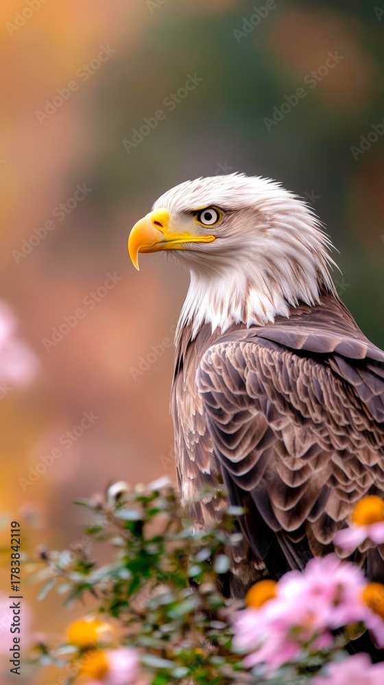 Obraz premium A majestic eagle perched among colorful flowers, showcasing its detailed feathers and intense gaze against a blurred, warm background, Ideal for nature-themed projects and wildlife publications,
