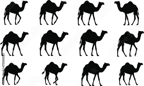 Camel silhouettes walking left in seamless grid pattern, Bactrian camels with two humps, desert wildlife vector illustration for design backgrounds