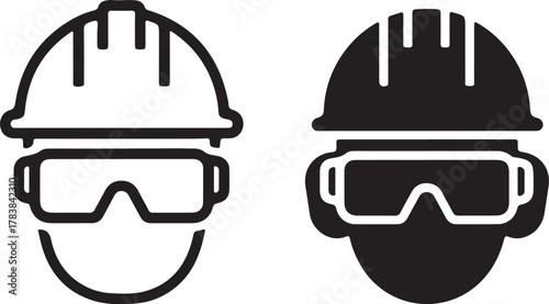 Worker wearing hard hat and safety goggles vector icon set. outline and filled symbols for industrial safety and protection at work.