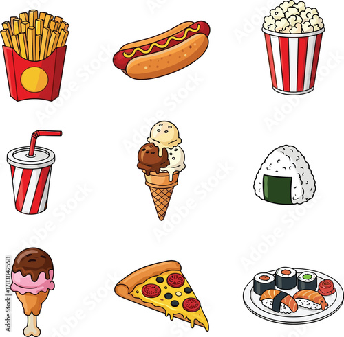Cartoon food grid vector set, fries, hot dog, popcorn, soda, ice cream, sushi, pizza, onigiri, global snack icons, stock illustration