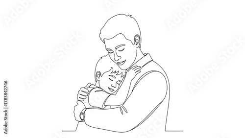Father Hugging Son, Emotional One-Line Vector Illustration, Clean Outline, Father’s Day Bond, Parent Child Love