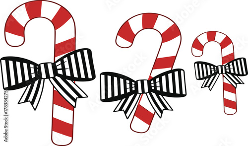 Candy cane silhouette, Christmas sweet vector, holiday dessert illustration, festive bow decoration, winter treat clipart, seasonal ribbon artwork, black isolated graphic, celebration design