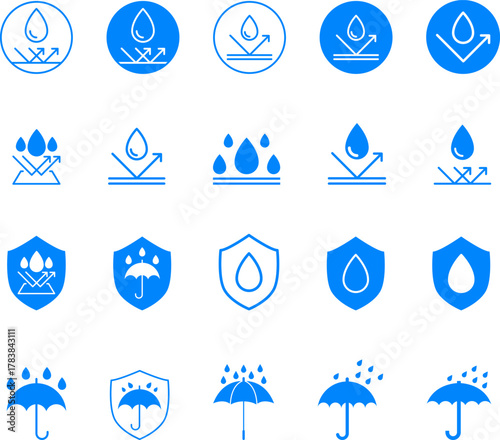 Waterproof icons. Water Proof sign collection. Water resistant symbol. Water protection icon with shield. Vector, PNG, jpeg. Keep dry. Open umbrella with water droplets icons set Water drop protection