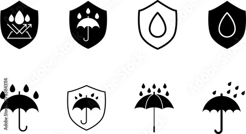 Waterproof icons. Water Proof sign collection. Water resistant symbol. Water protection icon with shield. Vector, PNG, jpeg. Keep dry. Open umbrella with water droplets icons set Water drop protection