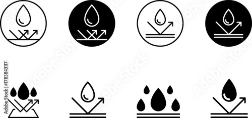 Waterproof icons. Water Proof sign collection. Water resistant symbol. Water protection icon with shield. Vector, PNG, jpeg. Keep dry. Open umbrella with water droplets icons set Water drop protection
