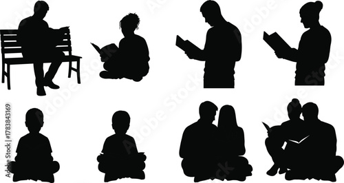 Reading silhouette, seated and standing posture, black figures, child and adult readers, book lovers, education moment, quiet time, study, learning, background