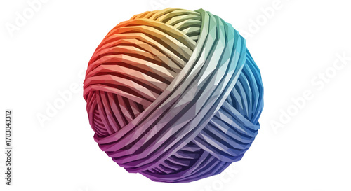 A vibrant rainbow colored ball of yarn isolated on a clean white background.