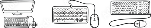 Thin line drawing of keyboard and mouse showing digital workstation and office desk concept minimal icon