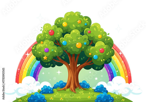 Cartoon Landscape with Rainbow Tree Stars Clouds and Bushes Illustration