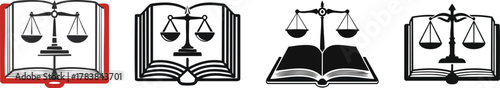 Law book open outline illustration with scales of justice symbol representing legal knowledge and fairness