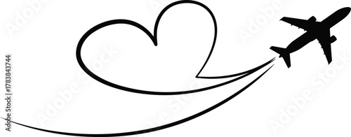 Romantic travel airplane heart trail illustration, love flight concept vector design, tourism journey symbol for honeymoon trips, destination wedding and travel agency branding