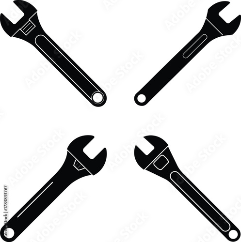 A set of classic adjustable Wrench silhouette illustration