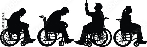 Wheelchair silhouette, emotional posture, black figures, despair to hope, rehabilitation gesture, disability recovery, support, care, empowerment, inclusive movement, motivation