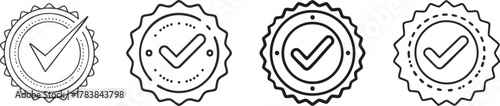 Circular warranty seal icon with check mark in bold black lines showing certified approval concept vector