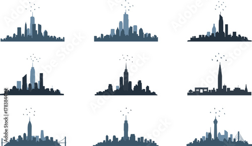 City skyline silhouettes collection, famous landmarks vector illustration, urban architecture design, travel theme artwork, decorative stock graphic, modern skyline pattern set