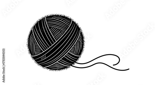 Black and white illustration of a ball of yarn.