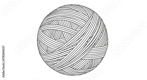 Black and white line art illustration of a spherical ball of yarn.