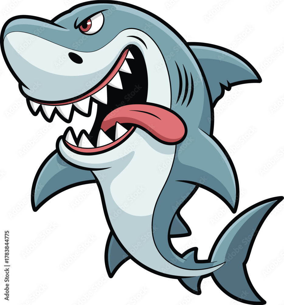 Fototapeta premium Angry cartoon shark with sharp teeth, funny sea predator illustration, ocean animal character art, aggressive fish mascot design, isolated background