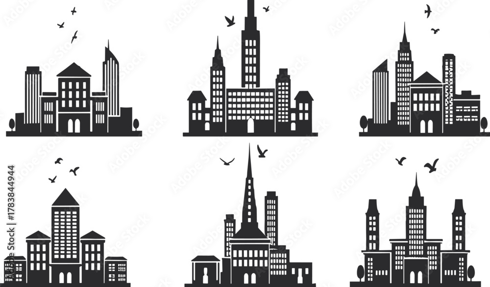 Obraz premium City skyline silhouettes collection, urban landscape vector illustration, architectural building shapes with skyscrapers, towers, birds, modern design elements for travel, culture themes