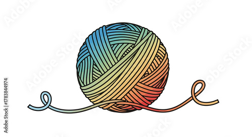 Colorful Yarn Ball with Trailing Thread Hand Drawn Illustration.