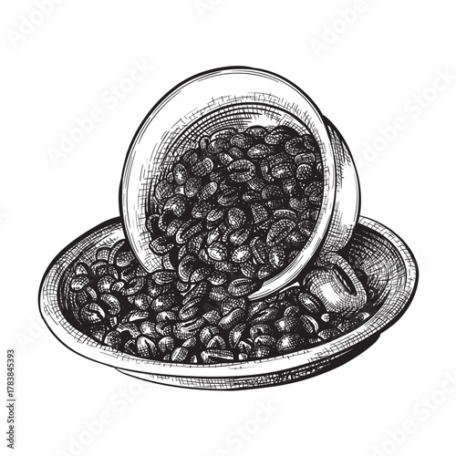 Inverted cup with coffee beans on a saucer vector illustration in sketch style