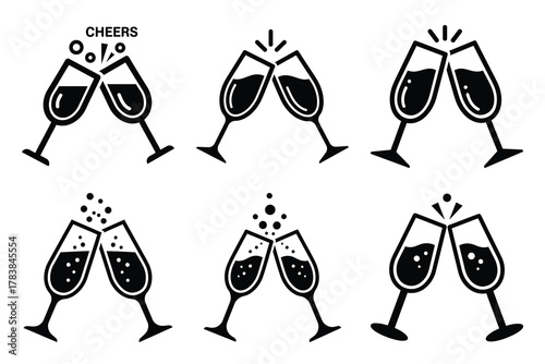 champagne cheers icon set silhouette on white background