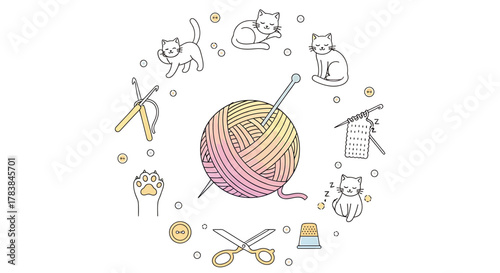 Hand drawn doodle set of knitting and crafting with cats.