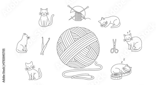 Hand drawn sketch collection of cats and knitting elements.