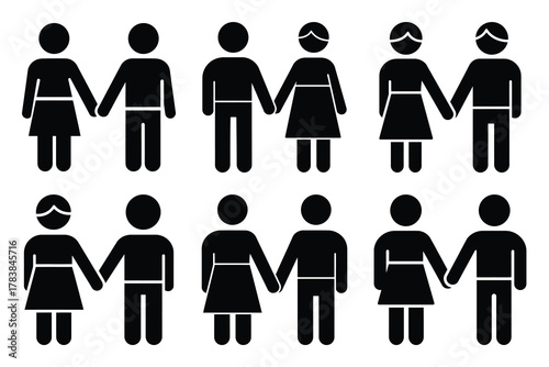couple holding hands icon set silhouette on white background