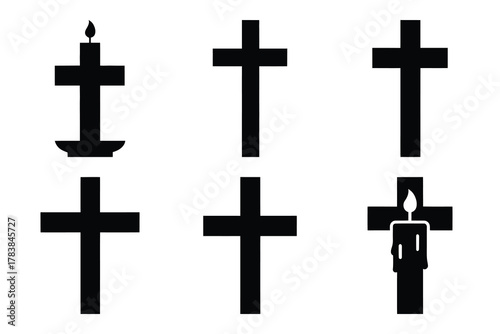 cross candle icon set silhouette on white background