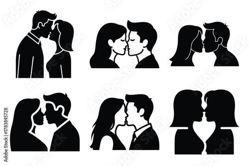 couple kiss icon set silhouette on white background