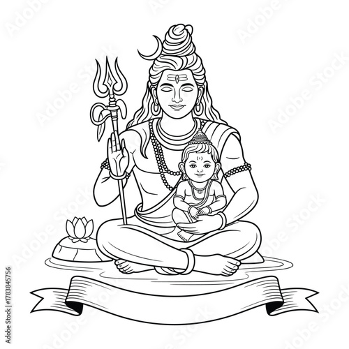 Lord Shiva holding baby Ganesha with trident and lotus flower line art drawing Hindu god