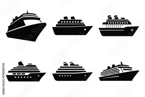 cruise ship icon set silhouette on white background