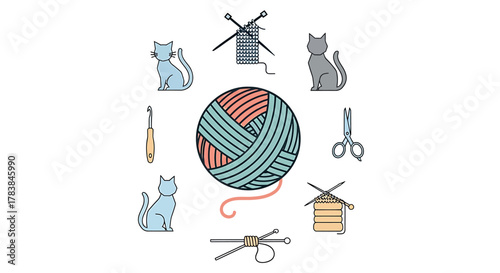 Knitting and Crochet Illustration with Cats and Yarn.