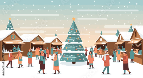 Festive Christmas Market Scene with Snow Decorations and People Celebrating Holiday Spirit