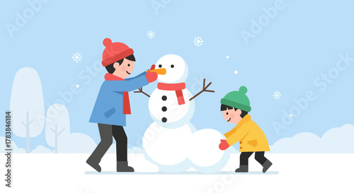 Children Building a Snowman in Winter Snowy Landscape Family Fun and Outdoor Activity