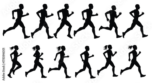 Running silhouette sequence of athletic men and women in motion, jogging, fitness workout, marathon training, health exercise vector illustration for sports design