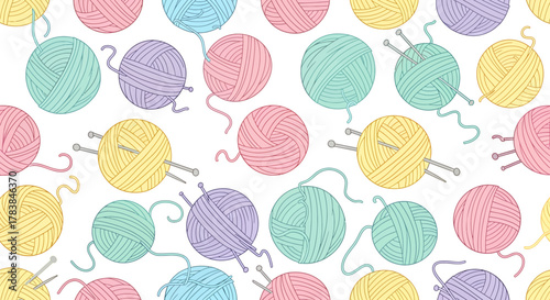 Seamless pattern of colorful hand drawn yarn balls for knitting.