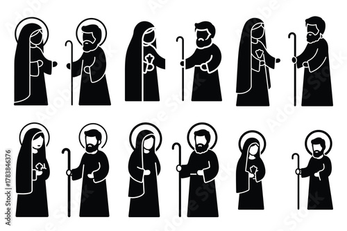 mary and joseph icon set silhouette on white background